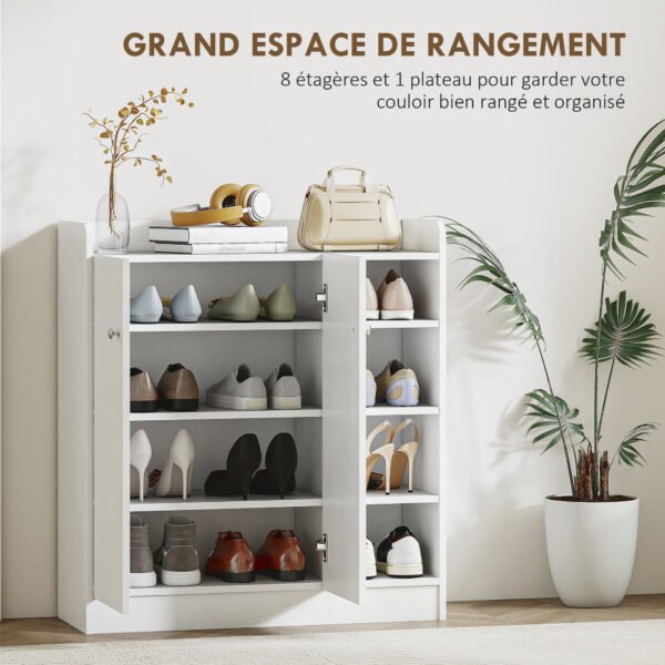 5222d31973f019064.jpg Meuble de rangement à chaussures pour entrée 12 paires - armoire à chaussures avec 4 compartiments ouverts et placard double porte - étagère réglable - 83L x 30l x 90H cm - blanc