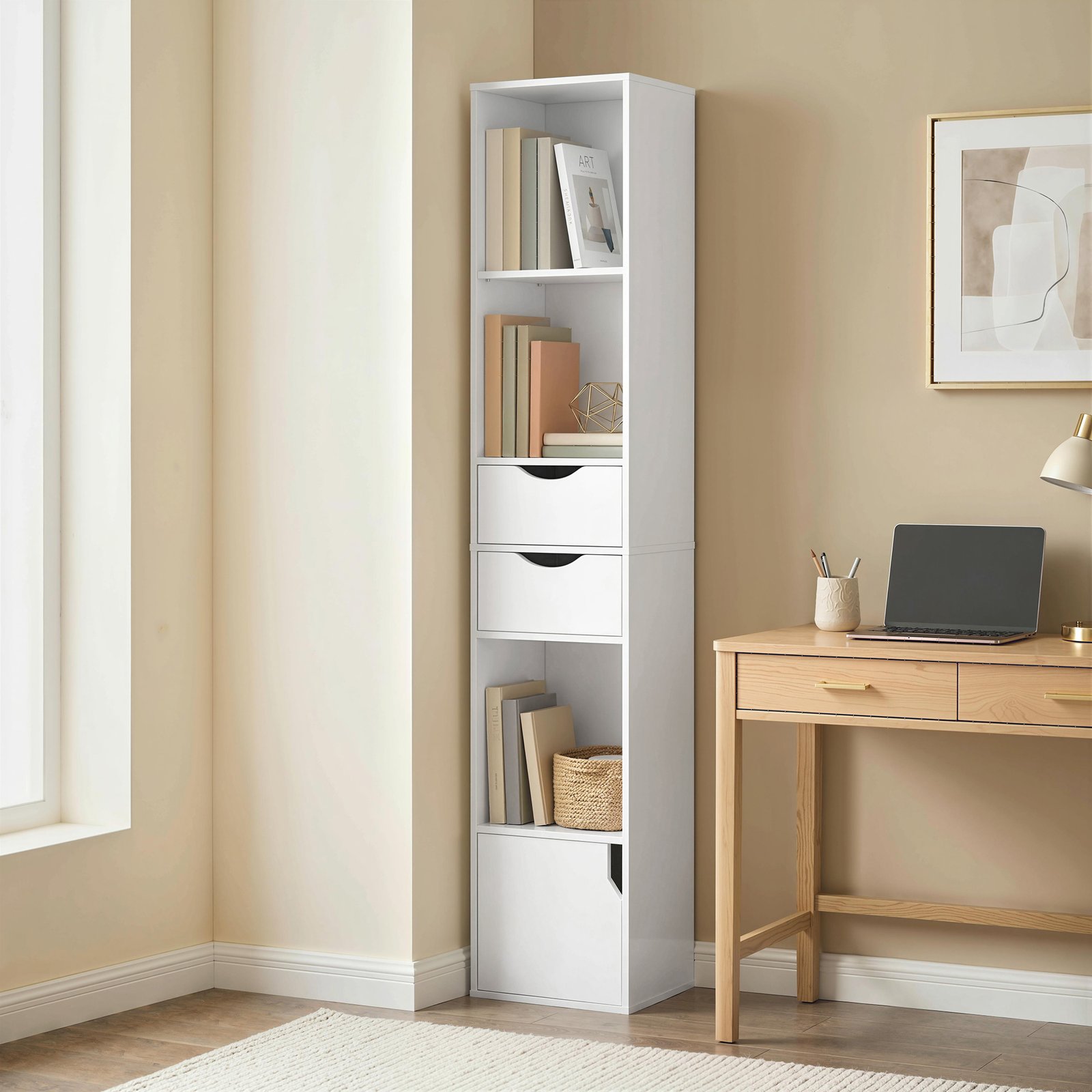 Bibliothèque étagère de rangement avec porte, 2 tiroirs, compartiments ouverts et étagère réglable, 30x24x158cm, blanc - Image 2