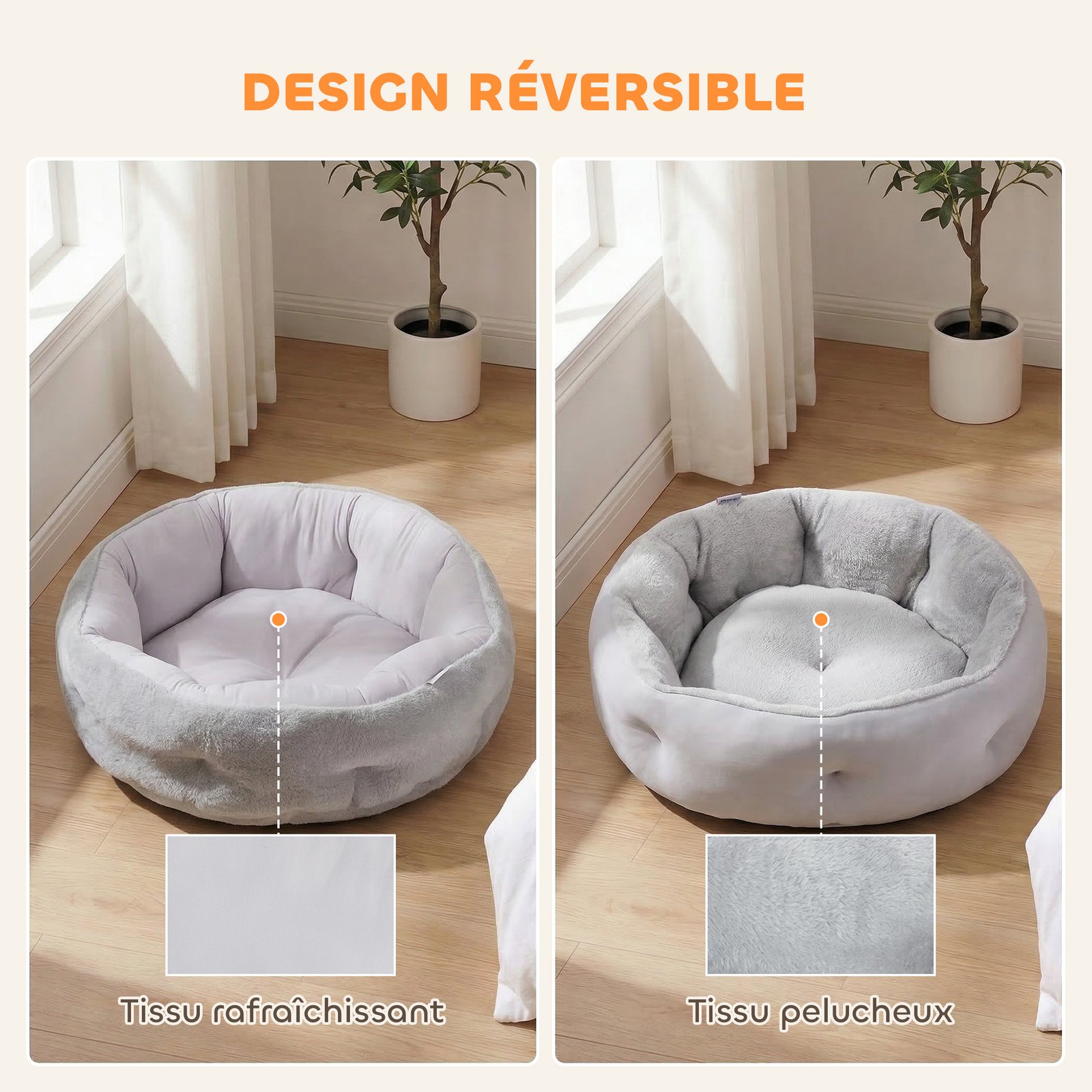 Lit pour chat réversible, lit pour chats d'intérieur et petits chiens, lit rond avec rebord de soutien, gris clair - Image 4
