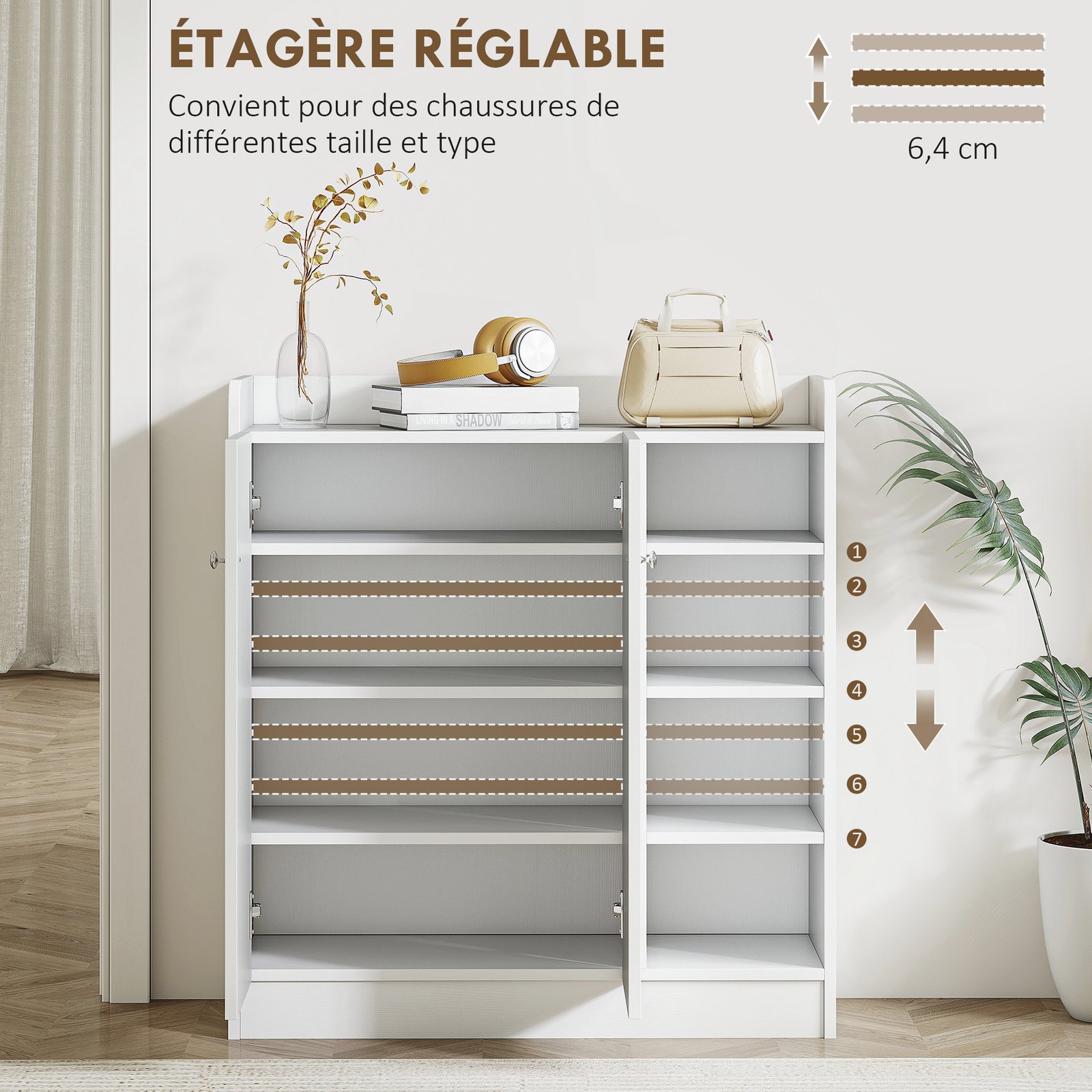 Meuble de rangement à chaussures pour entrée 12 paires - armoire à chaussures avec 4 compartiments ouverts et placard double porte - étagère réglable - 83L x 30l x 90H cm - blanc - Image 5
