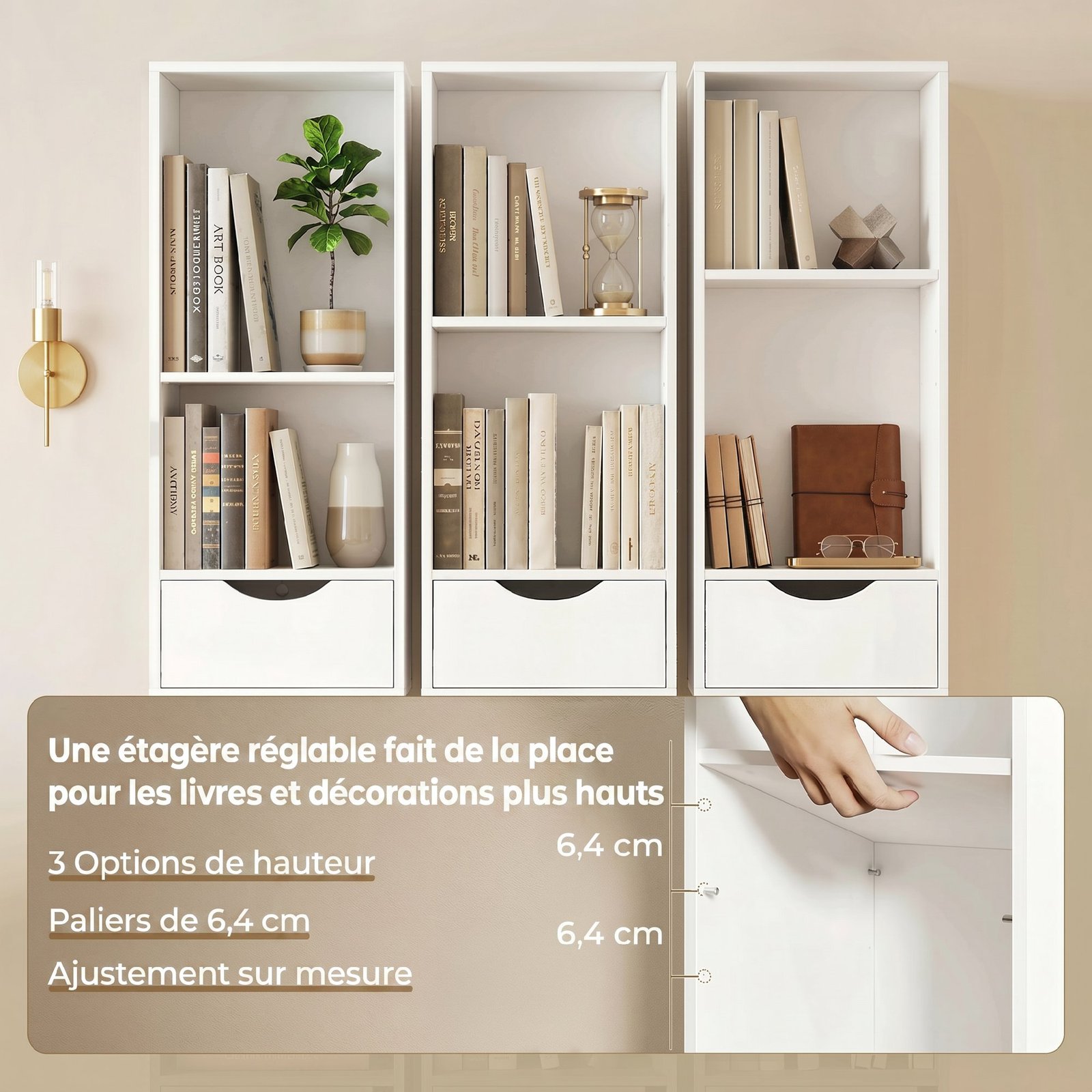 Bibliothèque étagère de rangement avec porte, 2 tiroirs, compartiments ouverts et étagère réglable, 30x24x158cm, blanc - Image 6