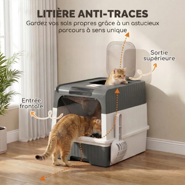 EHQ8c91a042e34c67.jpg Maison de Toilette pour Chat avec Couvercle, Entrées, Plateau Coulissant, Pelle, Sachets Désodorisants, 48x35x36cm, Gris