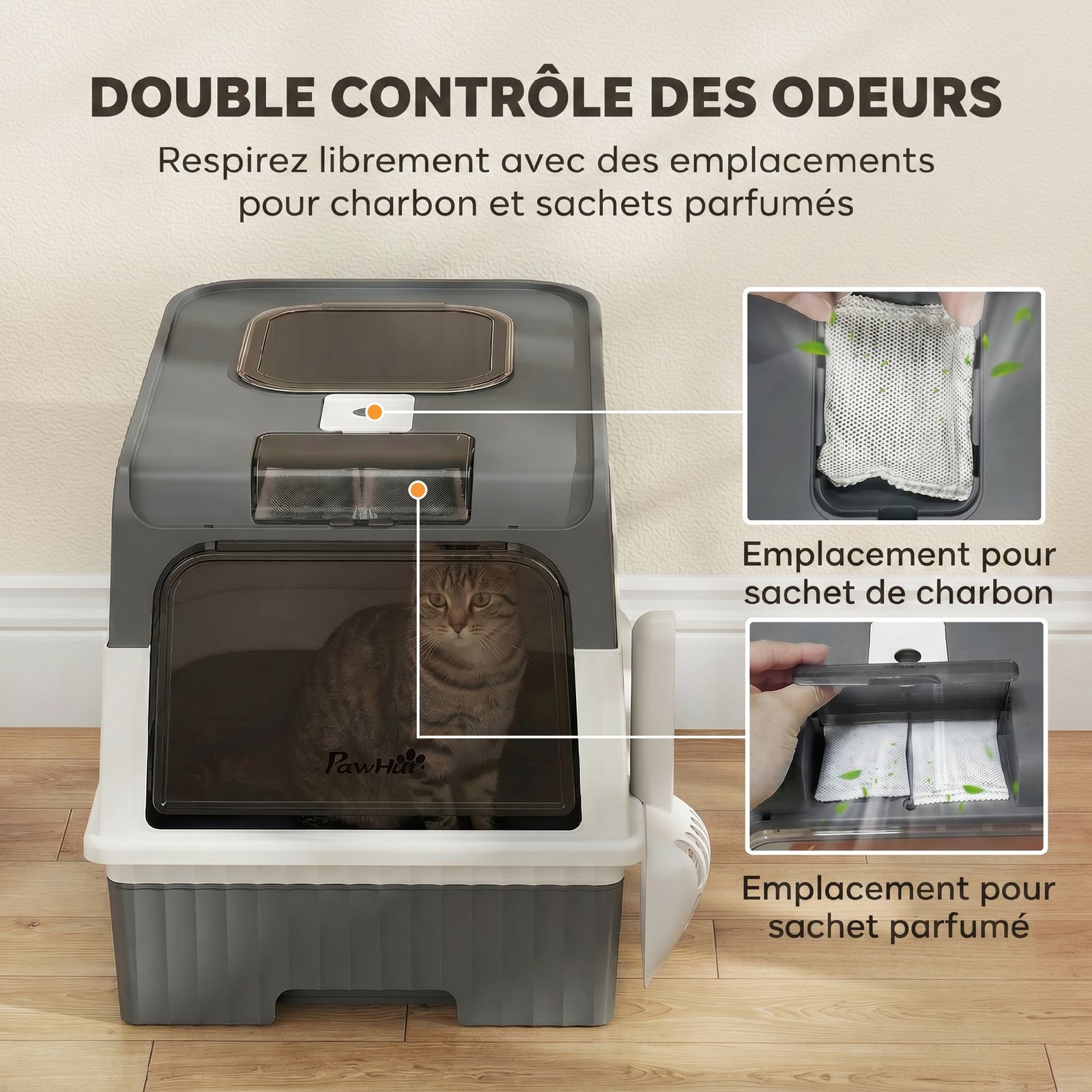 Maison de Toilette pour Chat avec Couvercle, Entrées, Plateau Coulissant, Pelle, Sachets Désodorisants, 48x35x36cm, Gris - Image 6