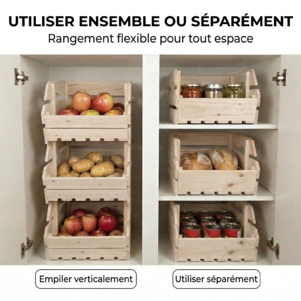 FDje8b1a045424ea3.jpg Support de Corbeille à Fruits en Bois de Sapin à 3 Étages Amovibles, pour Fruits et Légumes, 27x37,5x60cm, Naturel