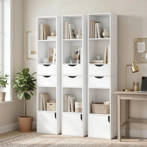 FLXbd519fffb927d5.jpg Bibliothèque étagère de rangement avec porte, 2 tiroirs, compartiments ouverts et étagère réglable, 30x24x158cm, blanc