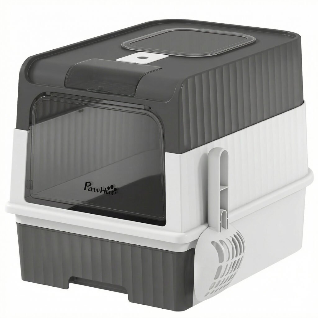 Maison de Toilette pour Chat avec Couvercle, Entrées, Plateau Coulissant, Pelle, Sachets Désodorisants, 48x35x36cm, Gris