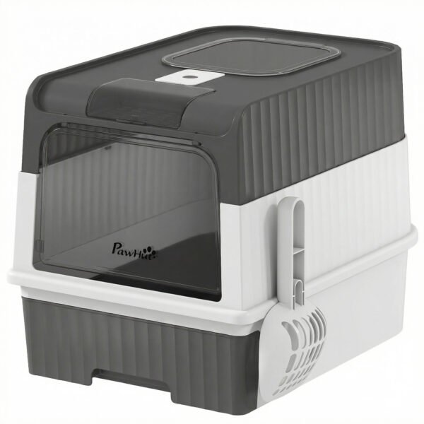 MlSbb81a042e34c67.jpg Maison de Toilette pour Chat avec Couvercle, Entrées, Plateau Coulissant, Pelle, Sachets Désodorisants, 48x35x36cm, Gris