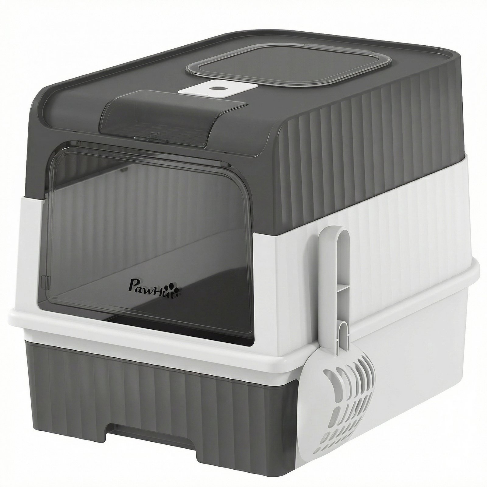 Maison de Toilette pour Chat avec Couvercle, Entrées, Plateau Coulissant, Pelle, Sachets Désodorisants, 48x35x36cm, Gris