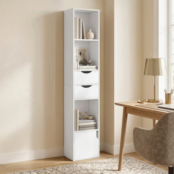 Oh4bf819fffb927d5.jpg Bibliothèque étagère de rangement avec porte, 2 tiroirs, compartiments ouverts et étagère réglable, 30x24x158cm, blanc