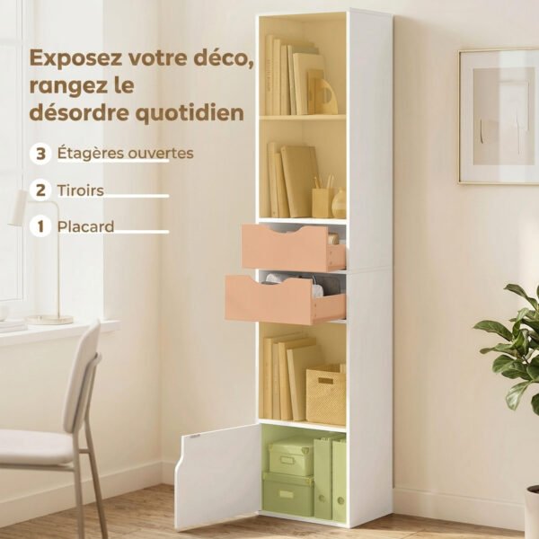 PgX06d19fffb927d5.jpg Bibliothèque étagère de rangement avec porte, 2 tiroirs, compartiments ouverts et étagère réglable, 30x24x158cm, blanc