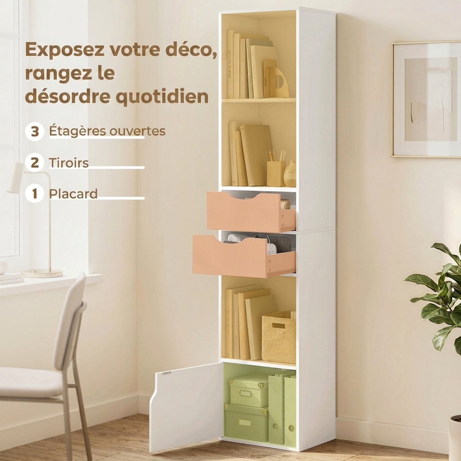 Bibliothèque étagère de rangement avec porte, 2 tiroirs, compartiments ouverts et étagère réglable, 30x24x158cm, blanc - Image 5