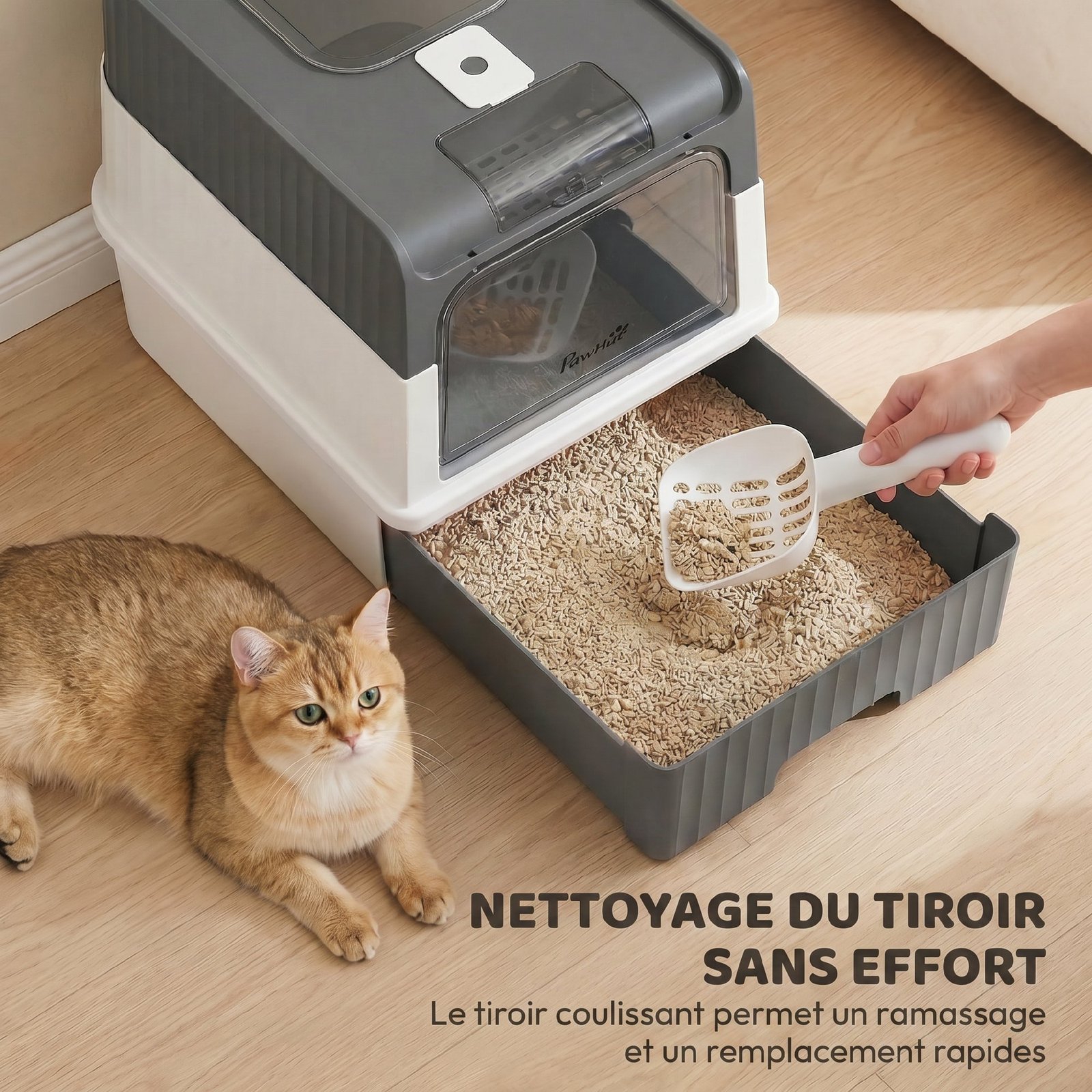 Maison de Toilette pour Chat avec Couvercle, Entrées, Plateau Coulissant, Pelle, Sachets Désodorisants, 48x35x36cm, Gris - Image 5