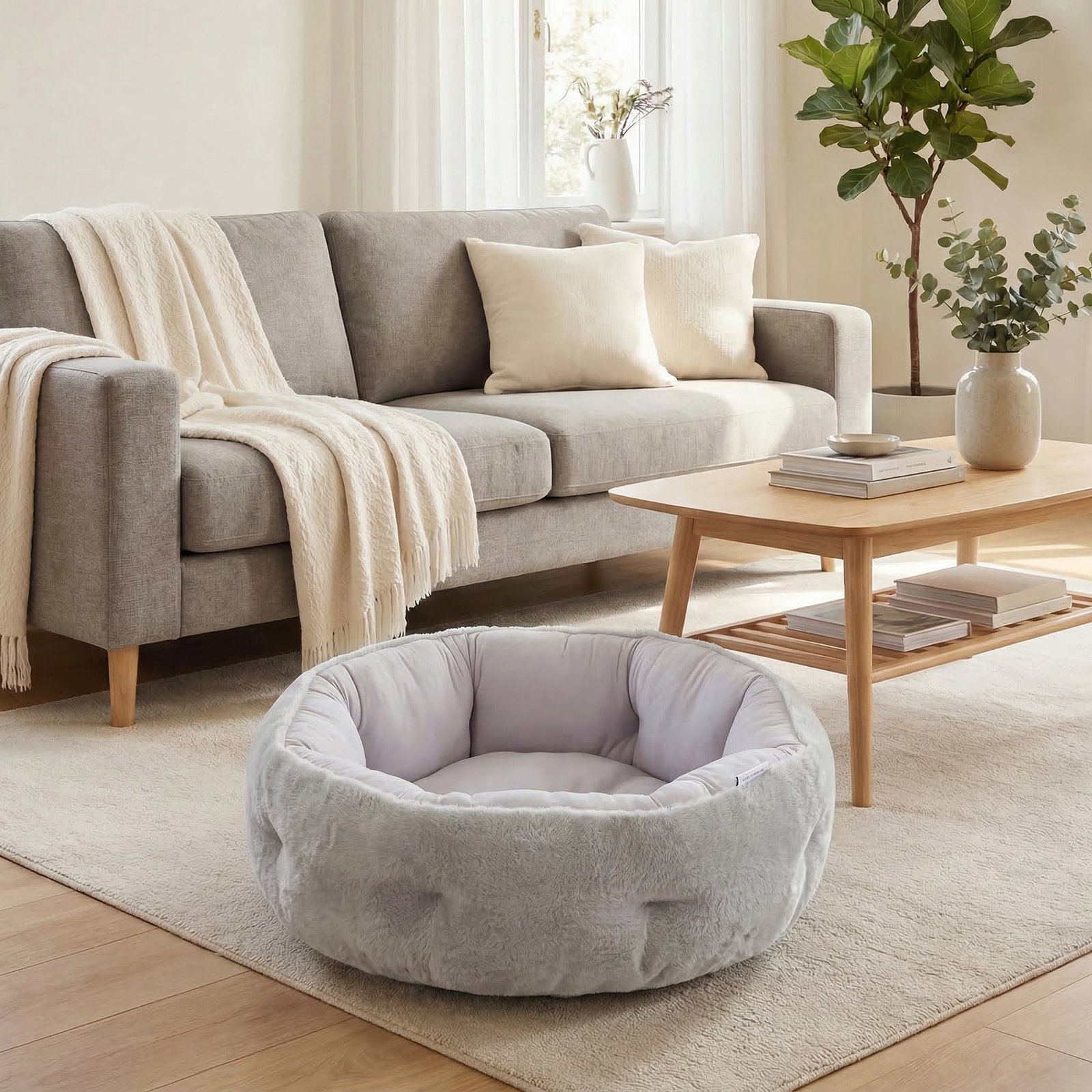 Lit pour chat réversible, lit pour chats d'intérieur et petits chiens, lit rond avec rebord de soutien, gris clair - Image 2
