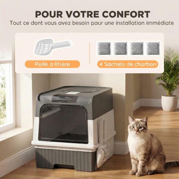 Yur9131a042e34c67.jpg Maison de Toilette pour Chat avec Couvercle, Entrées, Plateau Coulissant, Pelle, Sachets Désodorisants, 48x35x36cm, Gris