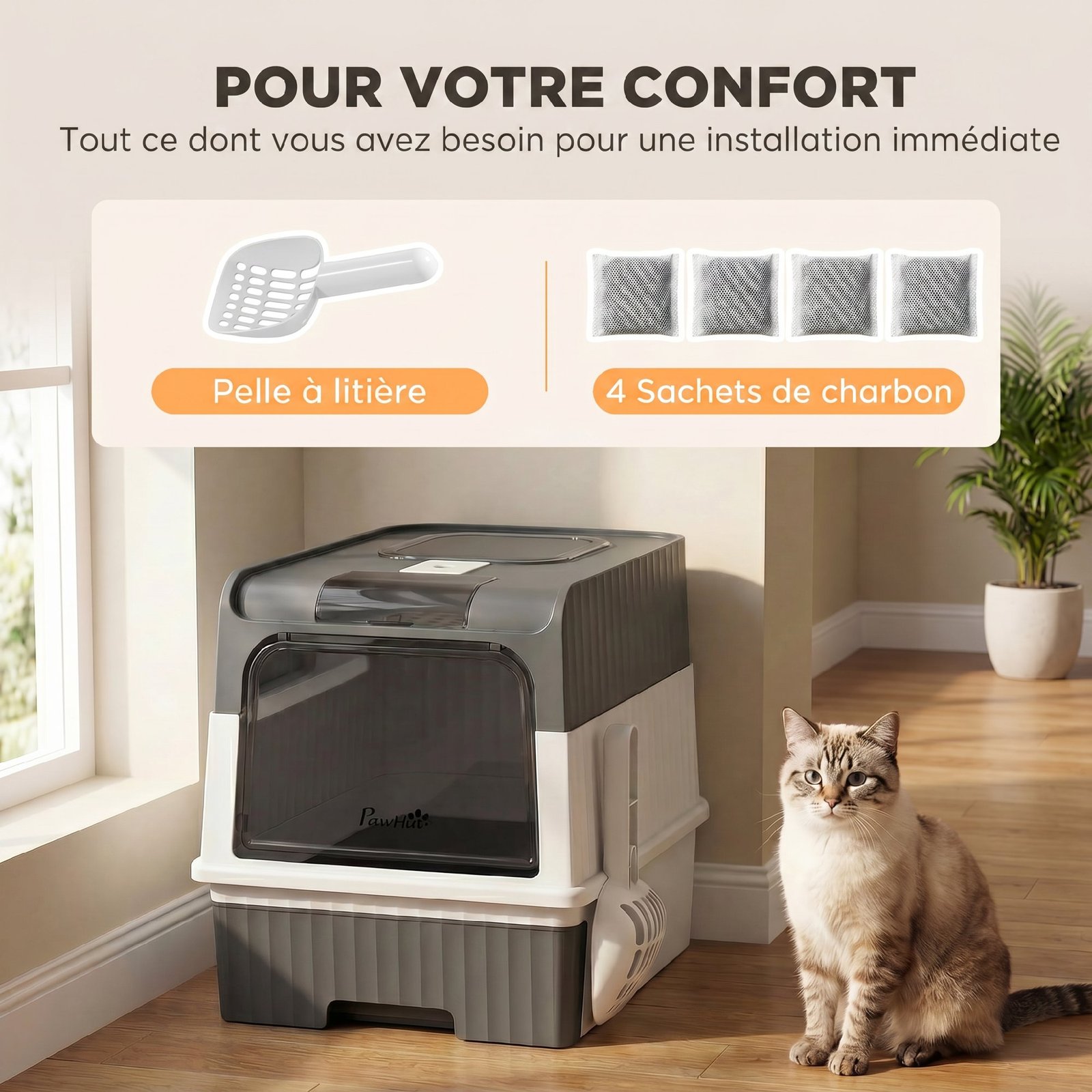 Maison de Toilette pour Chat avec Couvercle, Entrées, Plateau Coulissant, Pelle, Sachets Désodorisants, 48x35x36cm, Gris - Image 7
