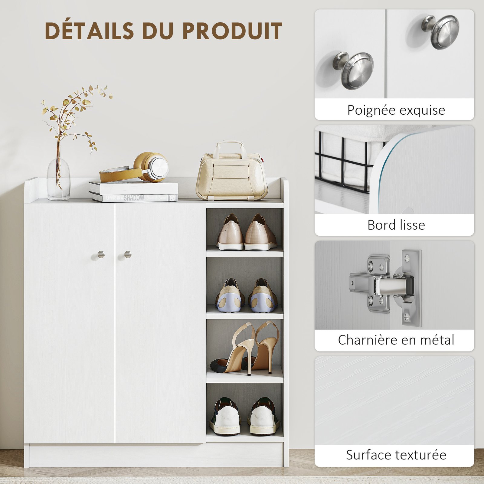 Meuble de rangement à chaussures pour entrée 12 paires - armoire à chaussures avec 4 compartiments ouverts et placard double porte - étagère réglable - 83L x 30l x 90H cm - blanc - Image 6
