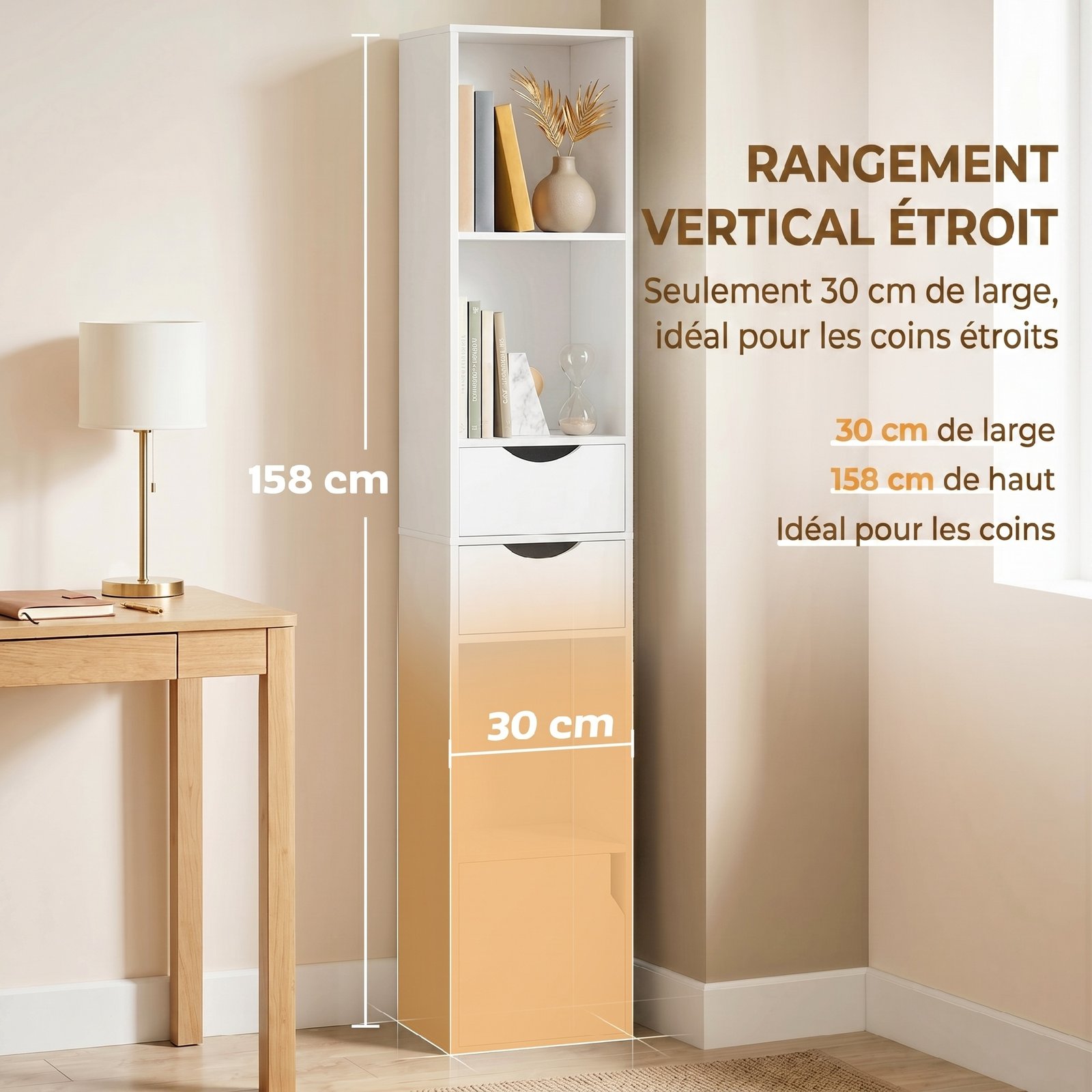 Bibliothèque étagère de rangement avec porte, 2 tiroirs, compartiments ouverts et étagère réglable, 30x24x158cm, blanc - Image 4