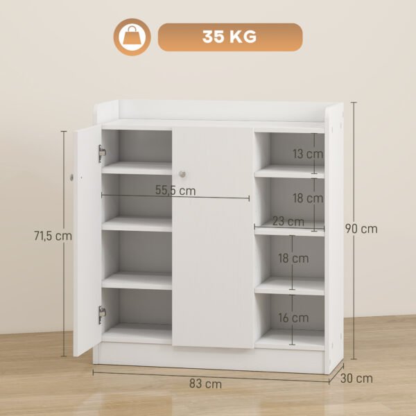 e3Mcfa1a0510bc56d.jpg Meuble de rangement à chaussures pour entrée 12 paires - armoire à chaussures avec 4 compartiments ouverts et placard double porte - étagère réglable - 83L x 30l x 90H cm - blanc