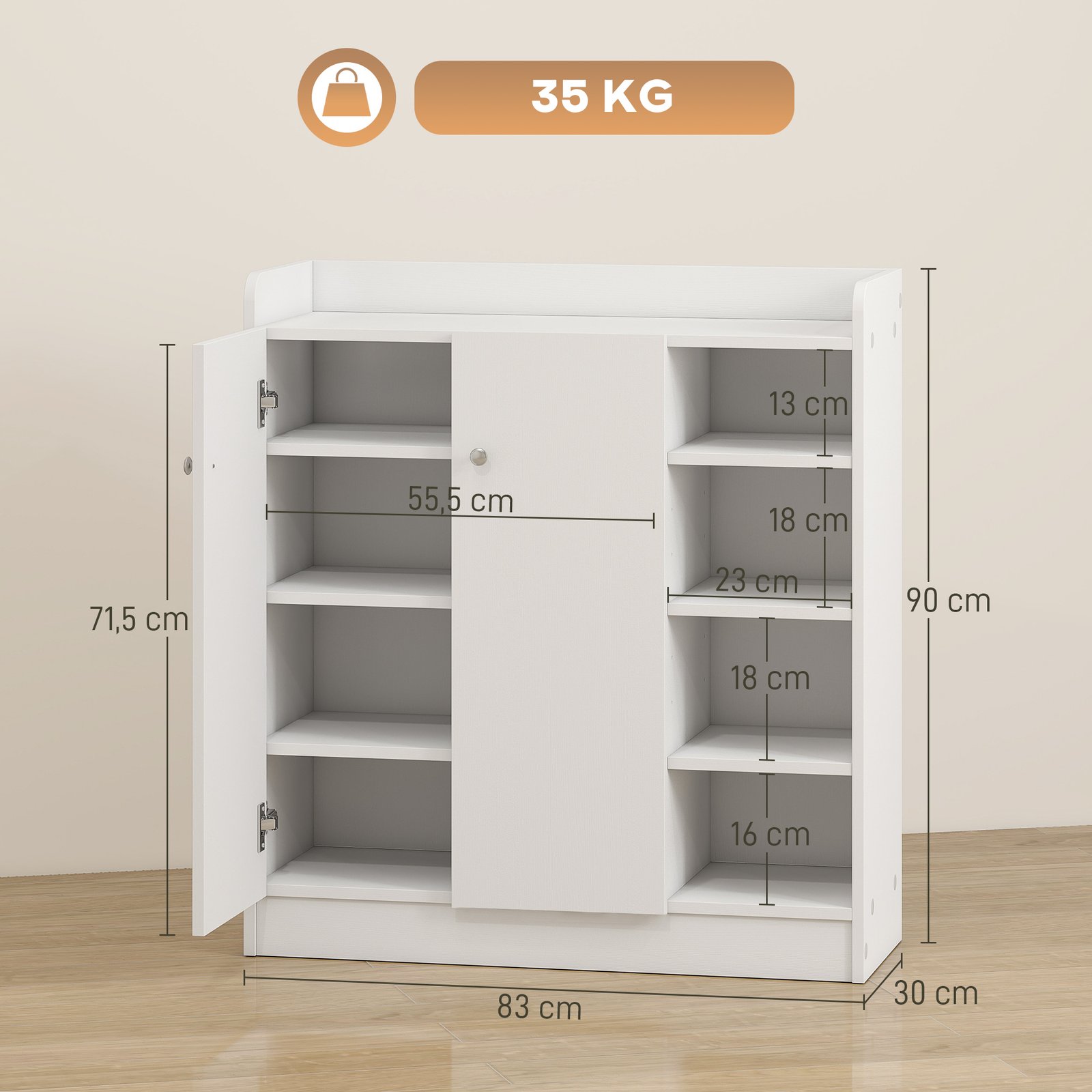 Meuble de rangement à chaussures pour entrée 12 paires - armoire à chaussures avec 4 compartiments ouverts et placard double porte - étagère réglable - 83L x 30l x 90H cm - blanc - Image 3