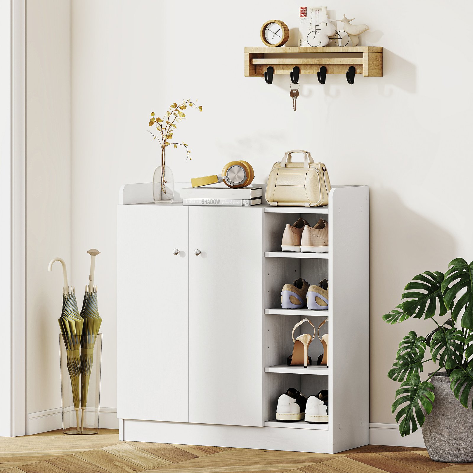 Meuble de rangement à chaussures pour entrée 12 paires - armoire à chaussures avec 4 compartiments ouverts et placard double porte - étagère réglable - 83L x 30l x 90H cm - blanc - Image 7