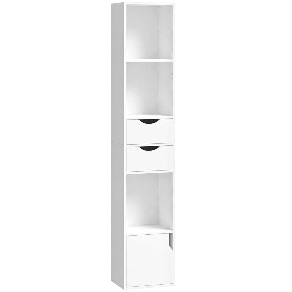 Bibliothèque étagère de rangement avec porte, 2 tiroirs, compartiments ouverts et étagère réglable, 30x24x158cm, blanc