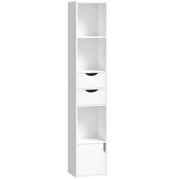 iKS06a19fffb927d5.jpg Bibliothèque étagère de rangement avec porte, 2 tiroirs, compartiments ouverts et étagère réglable, 30x24x158cm, blanc