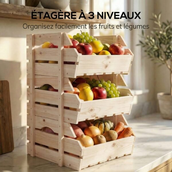 rAjdc61a045424ea3.jpg Support de Corbeille à Fruits en Bois de Sapin à 3 Étages Amovibles, pour Fruits et Légumes, 27x37,5x60cm, Naturel