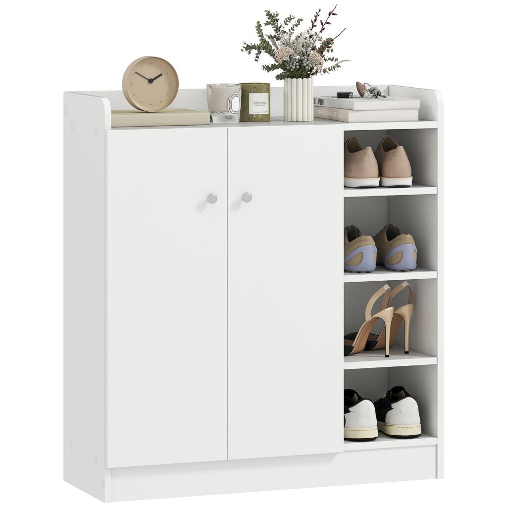 Meuble de rangement à chaussures pour entrée 12 paires - armoire à chaussures avec 4 compartiments ouverts et placard double porte - étagère réglable - 83L x 30l x 90H cm - blanc