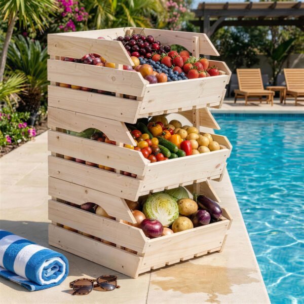 tV5e801a045424ea3.jpg Support de Corbeille à Fruits en Bois de Sapin à 3 Étages Amovibles, pour Fruits et Légumes, 27x37,5x60cm, Naturel
