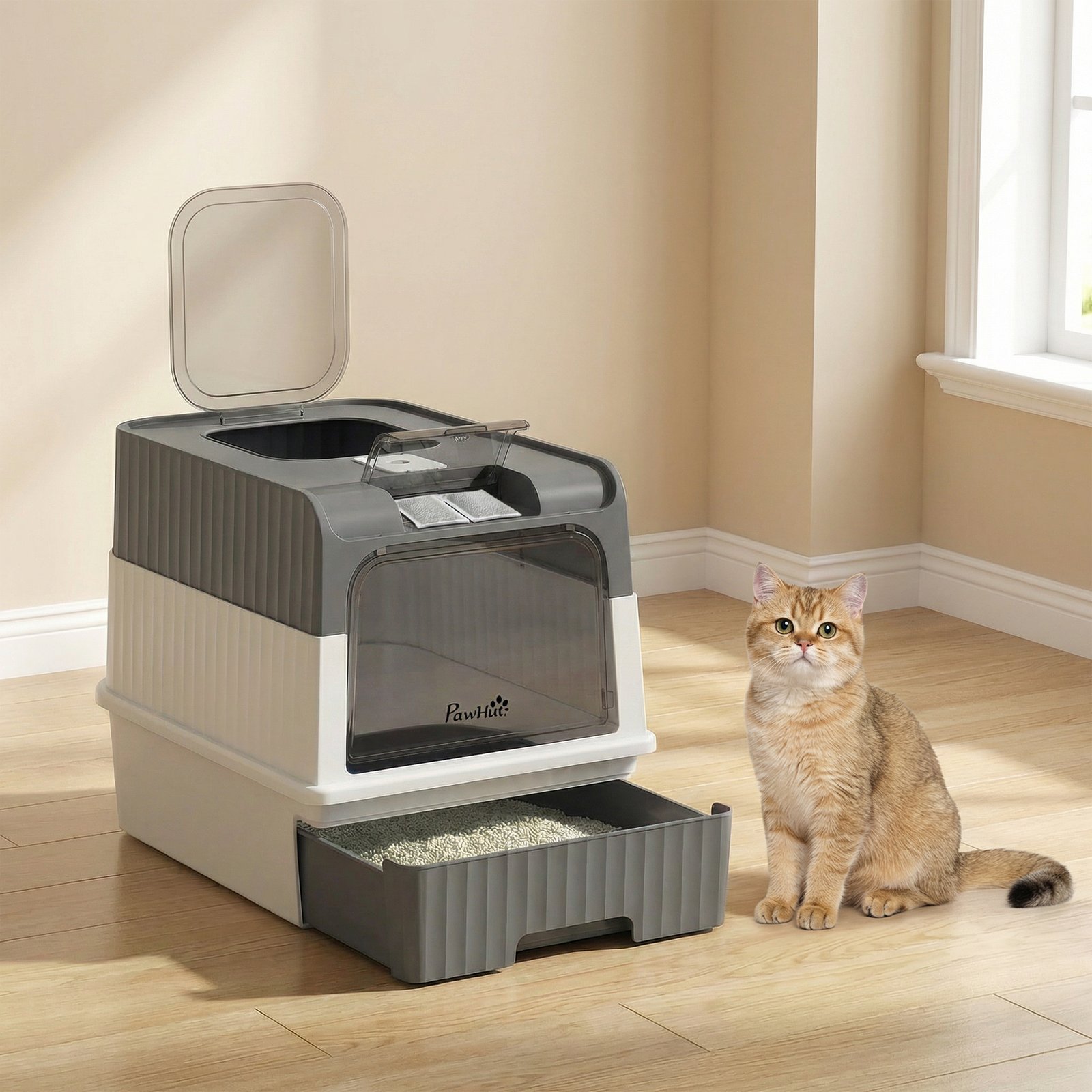 Maison de Toilette pour Chat avec Couvercle, Entrées, Plateau Coulissant, Pelle, Sachets Désodorisants, 48x35x36cm, Gris - Image 8