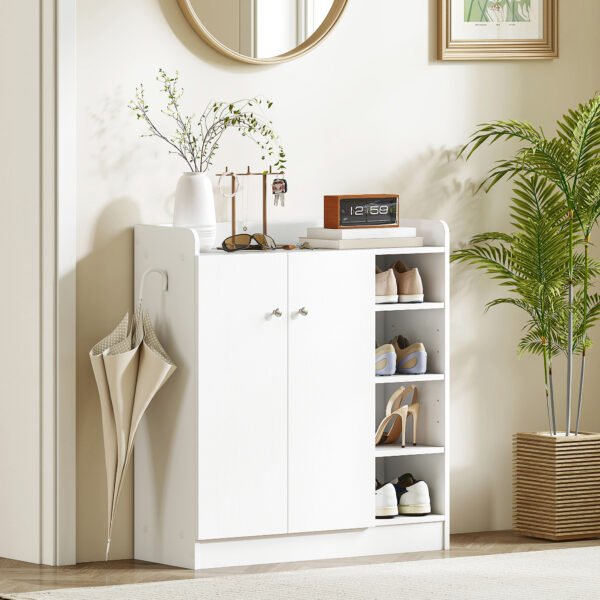 z1r2931a0017016e7.jpg Meuble de rangement à chaussures pour entrée 12 paires - armoire à chaussures avec 4 compartiments ouverts et placard double porte - étagère réglable - 83L x 30l x 90H cm - blanc